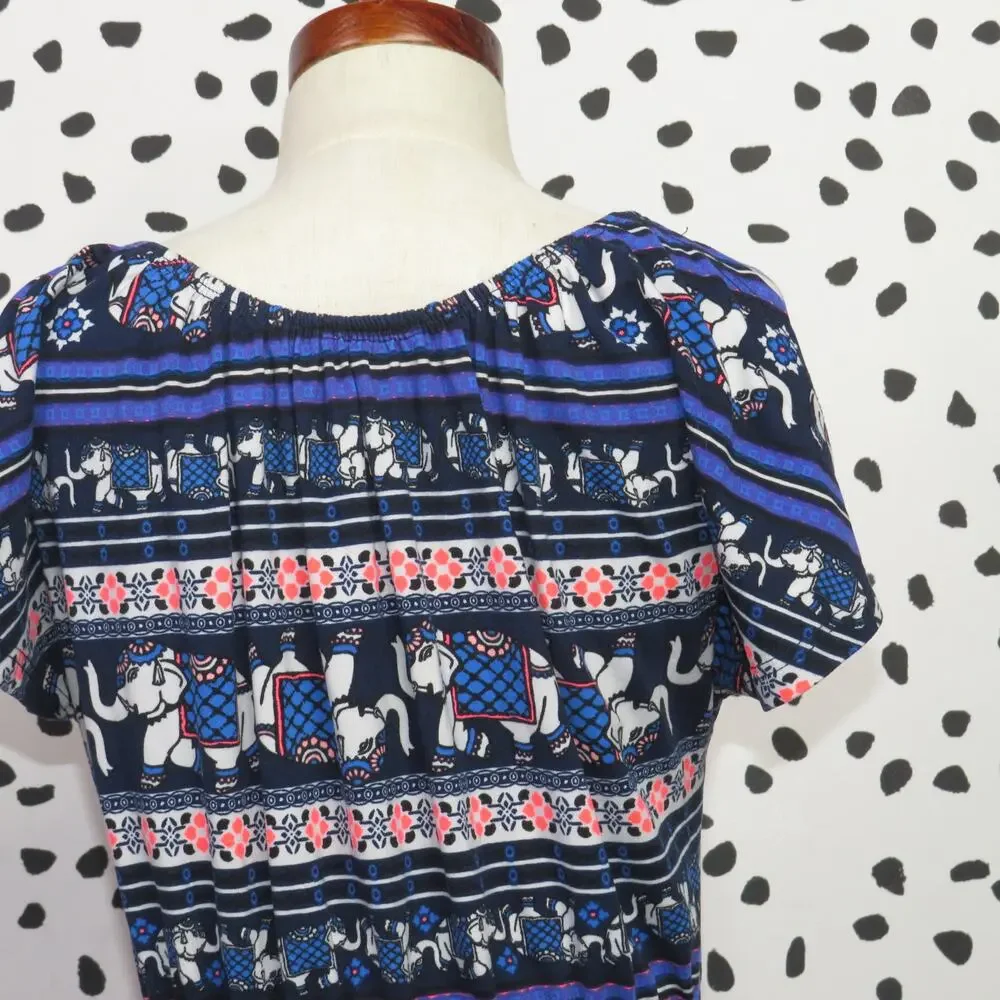 Heart + Arrow Blue Elephant Print Crochet Trim Girls Romper - Picture 4 of 6